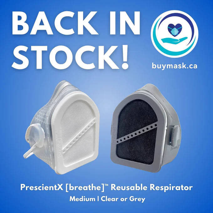 Two PrescientX elastomeric respirators. One is clear with a white filter and the other is grey with a black filter.

"Back in Stock! PrescientX [breathe] Reusable Respirator - Medium | Clear or Grey - buymask.ca" 