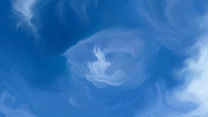 Digital painting of a blue sky filled with swirly, gauzy clouds, branching out into fibrous legs and arms.