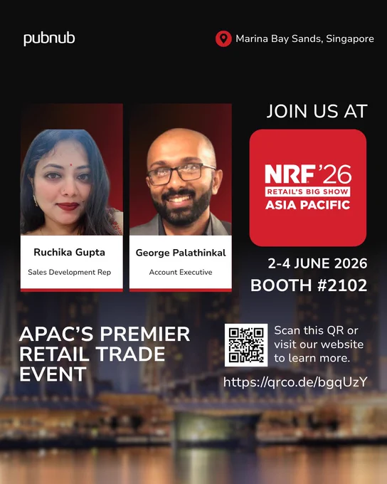 Promotional poster for NRF '26 trade show at Marina Bay Sands featuring team members from PubNub. Professional and engaging.