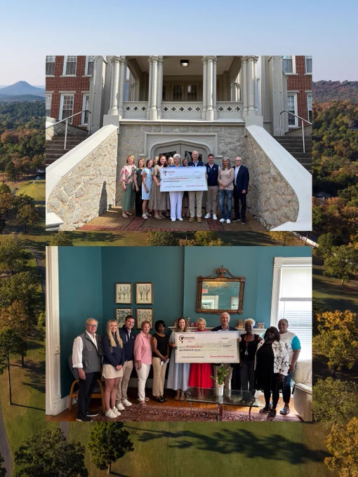 Two group photos showing people holding large checks. In the first photo, the group is standing outside a brick building with large columns, and in the second photo, the group is inside a room with light blue walls.