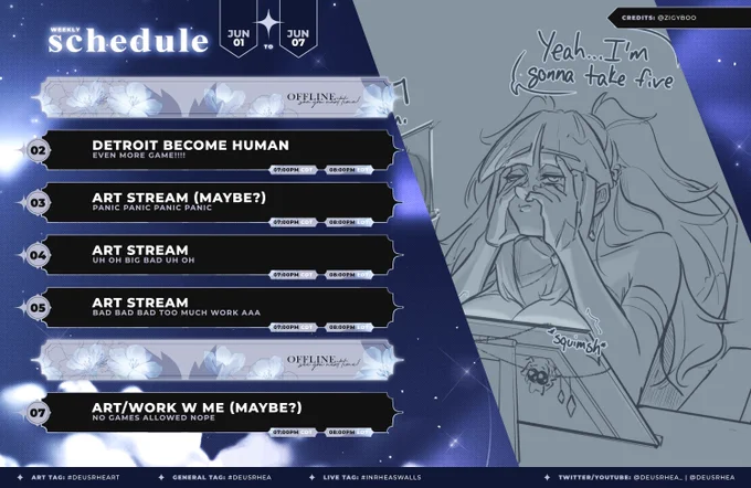 Timezone is Central US (GMT -5). Detroit Become Human 8th Anniversary PT 2 on Tuesday at 7pm. Maybe Art on Wednesday at 7pm. Art on Thursday at 7pm. Art on Friday at 7pm. Maybe Art/coworking Stream on Sunday at 7pm.