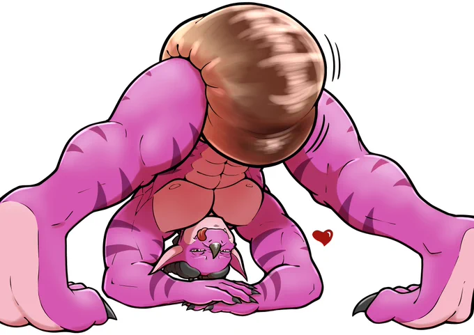 Zora Drakori, the ABDL dragon prince, is bending over so that his head and arms are touching the floor and his padded ass is up in the air. He looks at the viewer from between his legs, having shat in his diaper. He smiles at the viewer with bedroom eyes and his tongue hanging out and a heart symbol next to him, clearly enjoying the experience of loading his diaper. Said diaper is bulging and sagging heavily from being filled to the brim.

Speaking of which, the diaper, cloth to be exact, is the only thing that Zora is wearing, which gives the viewer a good look at his muscles. He is doing all of this in front of a plain white background.