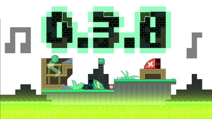 Screenshot of text saying "0.3.8", music notes, a Green Shellmet, a Spary Bowling Ball, a Strikey Dispenser, and a Spary Dispenser, all above a pit of green Acid.