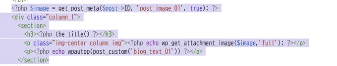 WordPress詳細ページのPHPコードキャプチャ。
  <?php $image = get_post_meta($post->ID, 'post_image_01', true); ?>
      <div class="column_l">
        <section>
          <h3><?php the_title() ?></h3>
          <p class="img-center column_img"><?php echo wp_get_attachment_image($image,'full'); ?></p>
          <p><?php echo wpautop(post_custom('blog_text_01')) ?></p>
        </section>