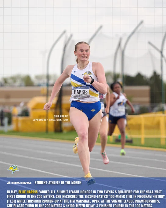 Track athlete in South Dakota State uniform sprinting on an outdoor track, with a name bib reading “HARRIS.” Text overlay identifies Ellie Harris as a sophomore from Sioux City, Iowa, and highlights track achievements as Student-Athlete of the Month.