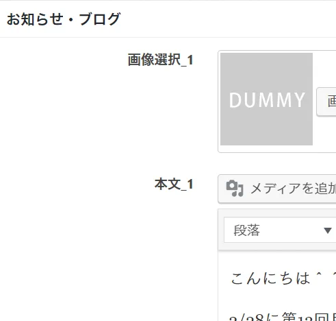 WordPress投稿画面のキャプチャ。画像選択、本文がともにカスタムフィールドで制作されている