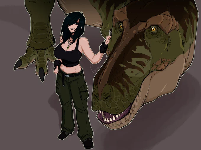 Lexi standing next to a T. rex that I drew back when I hit 10k around December I think. Perspective still looks a tad off to me here and there, and I'm unsure if I like the size comparatively between Lexi and the Rex, but it's fine enough I think. Things to improve on. 