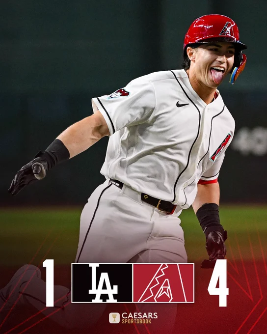 Dodgers (logo) - 1
Diamondbacks (logo) - 4

The graphic includes an image of Tommy Troy celebrating a home run. He is wearing a white Diamondbacks uniform and red batting helmet.

Caesars Sportsbook (logo)