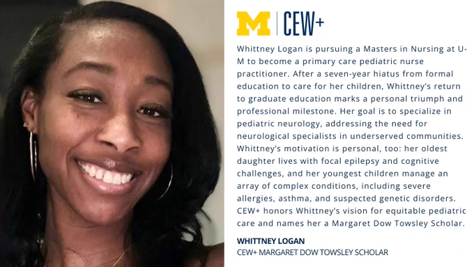This image features a profile of a person named Whittney Logan, who is pursuing a Master’s in Nursing at the University of Michigan to become a primary care pediatric nurse practitioner. The text highlights Whittney's career goals, personal motivations, and experiences, including caring for a daughter with neurological conditions. The image includes the University of Michigan and CEW  logos, noting Whittney as a Margaret Dow Towsley Scholar.