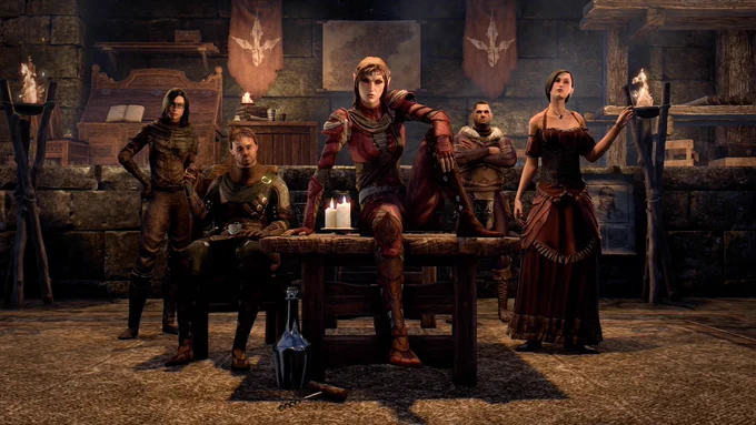Image from the Elder Scrolls Online featuring many characters looking out at the camera.