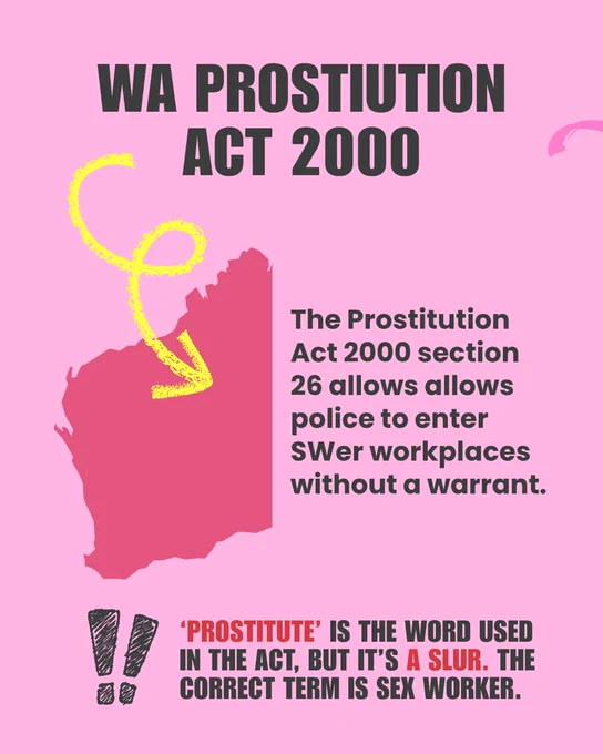The Prostitution Act 2000 section 26 allows allows police to enter SWer workplaces without a warrant. ‘PROSTITUTE’ IS THE WORD USED IN THE ACT, BUT IT’S A SLUR. THE CORRECT TERM IS SEX WORKER.
