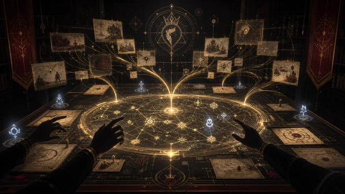 A dark guild archive table glows with golden memory lines connecting documents, map sigils, human hands, and small agent-like lights into one shared context field.