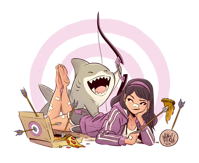 It's Jeff! It's also Kate Bishop (aka the best Hawkeye), both enjoying some pizza and each other's company. Lucky is off hiding with slices of his own somewhere, which is probably for the best judging from Jeff's "spectacular" aim with Kate's bow.