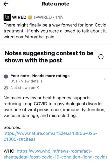Michael’s screenshot of a community note retorting the recent Wired article psychologizing Long Covid.