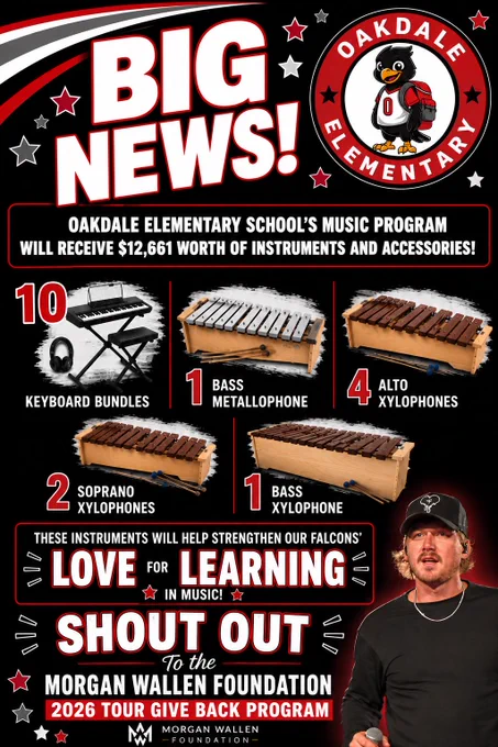 A black, red, and white announcement graphic from Oakdale Elementary School shares “BIG NEWS!” about a donation to the school’s music program through the Morgan Wallen Foundation. The graphic states the program will receive $12,661 worth of instruments and accessories, including keyboard bundles, metallophones, and xylophones. The design highlights how the instruments will support students’ love for learning in music. A photo of Morgan Wallen appears in the bottom right corner holding a microphone. The graphic features stars, bold lettering, and Oakdale’s falcon mascot throughout the design.