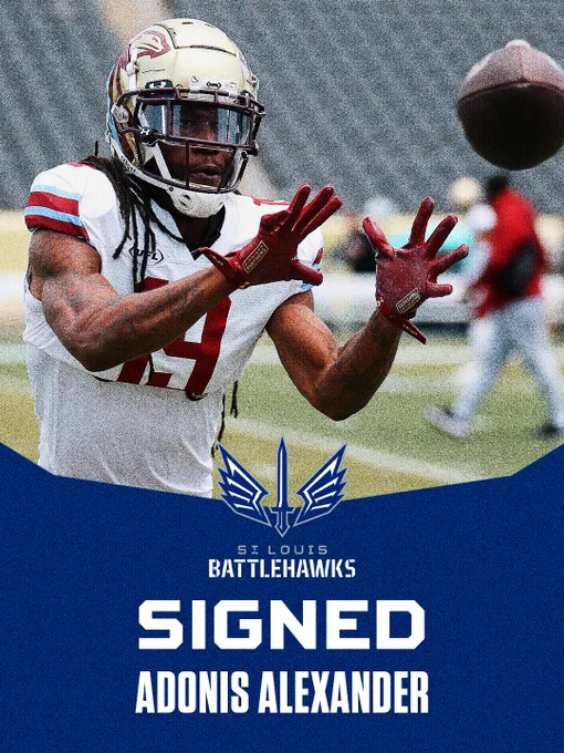 Football player wearing gear, during practice, has signed with the St. Louis Battlehawks. Energetic and competitive mood.