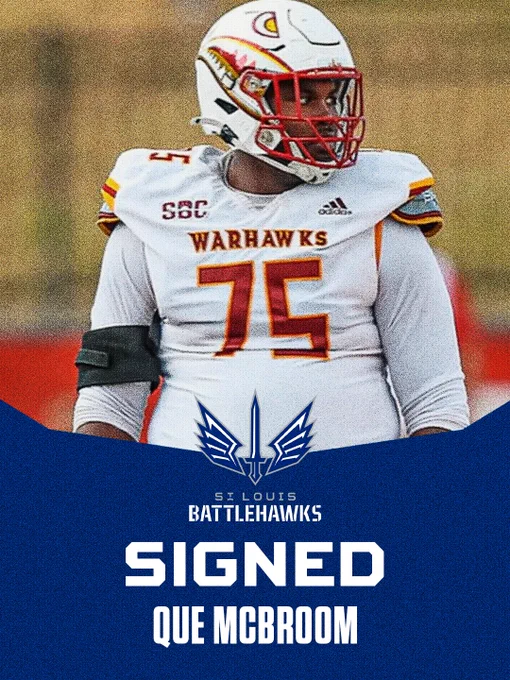 A football player in Warhawks uniform with a red helmet is highlighted in a signing announcement for St. Louis Battlehawks. The image conveys excitement and promise.