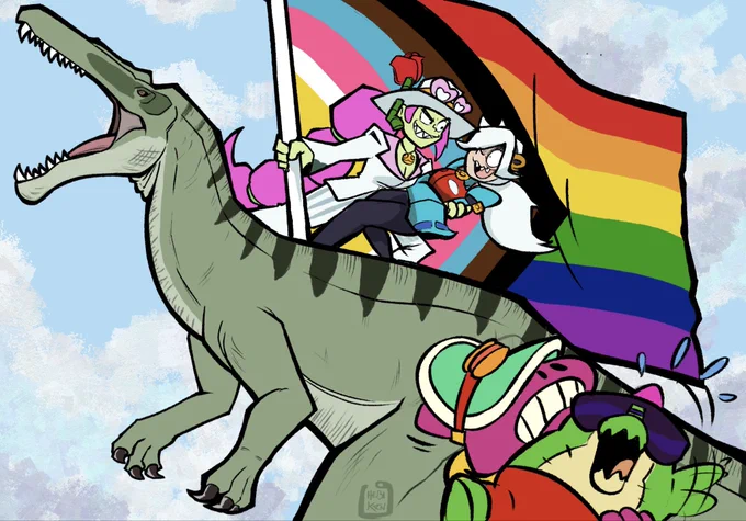 Illustration of Brawl Stars’ Baddie Alli holding Colette with one arm and a big pride flag on the other one, on top of a Suchomimus. Doug flees from the chaos with a panicking Buzz in his arms.
