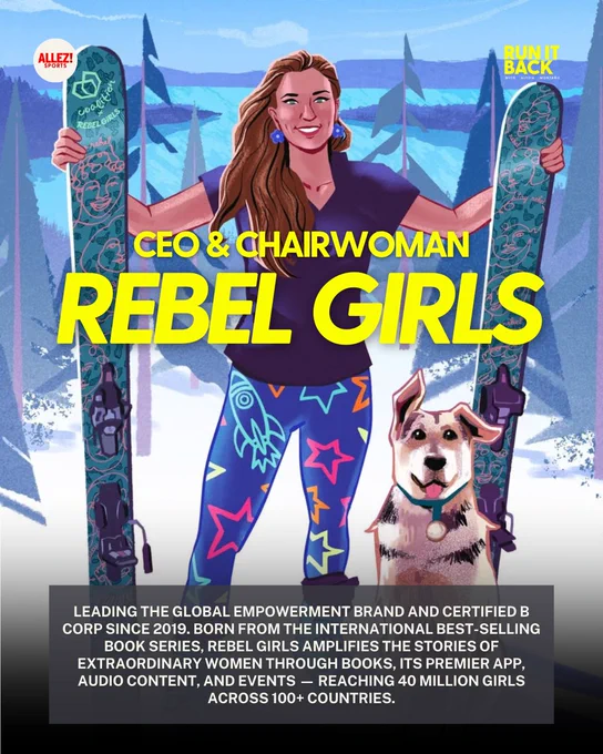 Illustrated Rebel Girls-style portrait of Jes Wolfe standing between two teal skis with custom designs in a snowy forest, wearing a purple top and brightly patterned star-and-rocket leggings, with a dog beside her. Bold yellow text: "CEO & CHAIRWOMAN, REBEL GIRLS." Subtext on leading the global empowerment brand and B Corp since 2019, reaching 40 million girls across 100  countries.