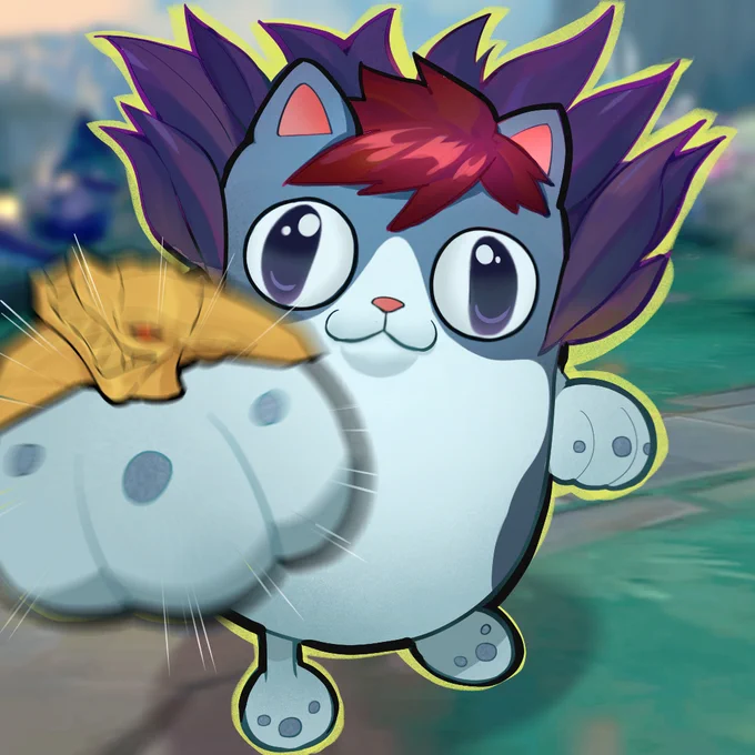 A hand-drawn, cartoon illustration of Sett as a cat with a neutral expression, punching towards the camera.