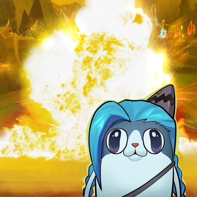 A hand-drawn, cartoon illustration of Jinx as a cat with a dead-pan expression. In the background a big explosion goes off.
