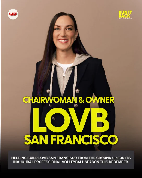 Portrait of Jes Wolfe in a navy blazer with silver buttons over a grey hoodie against a warm tan background, smiling. Long dark hair with purple highlights. Bold yellow text: "CHAIRWOMAN & OWNER, LOVB SAN FRANCISCO." Subtext on helping build LOVB San Francisco from the ground up for its inaugural professional volleyball season this December.