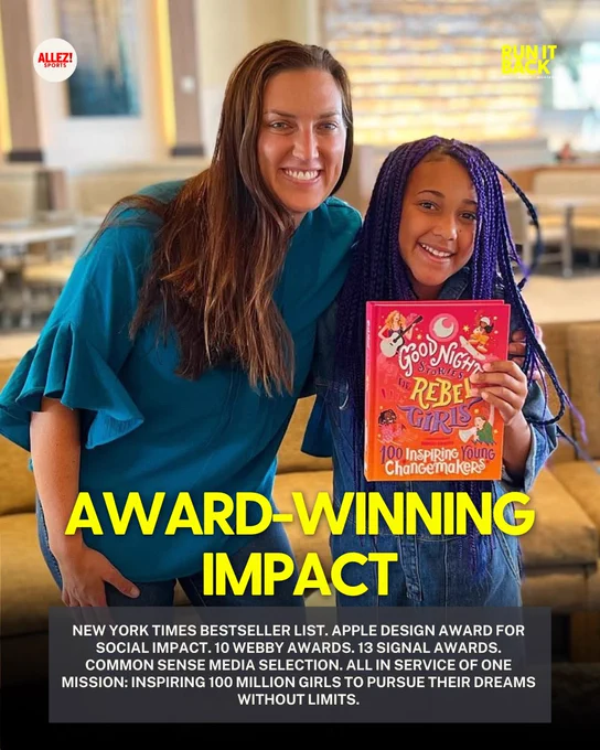 Jes Wolfe in a teal ruffled top stands smiling beside a young girl with purple braids holding the Rebel Girls book "Good Night Stories for Rebel Girls: 100 Inspiring Young Changemakers." Bold yellow text: "AWARD-WINNING IMPACT." Subtext lists New York Times bestseller, Apple Design Award, Webby and Signal Awards, and the 100 million girls mission.