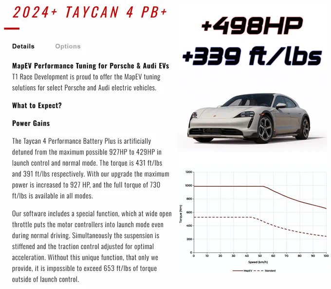 screenshot composite of the "MapEV" tune for the 2024  Taycan 4 with the Performance Battery Plus noting that it boosts power and forces it into launch control mode at WOT