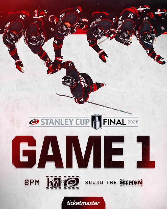 Graphic promoting Game 1 of the Stanley Cup Final at 8 PM between the Carolina Hurricanes and Vegas Golden Knights 