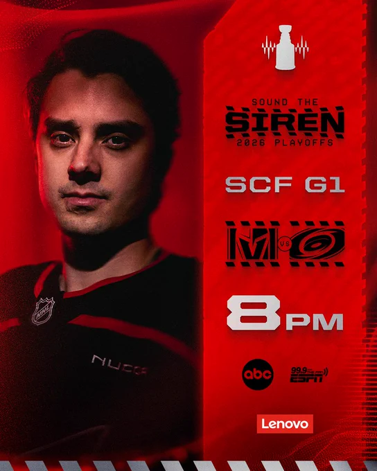 Graphic promoting Stanley Cup Final Game 1 featuring Sebastian Aho

Canes vs Canadiens - 8PM 
Tune in - abc, 99.9 The Fan