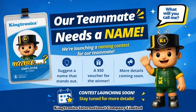 Kingtronics teaser featuring a new green mascot and a "Coming Soon" message. Followers are invited to prepare for an upcoming mascot naming contest with a chance to win a $50 voucher.
