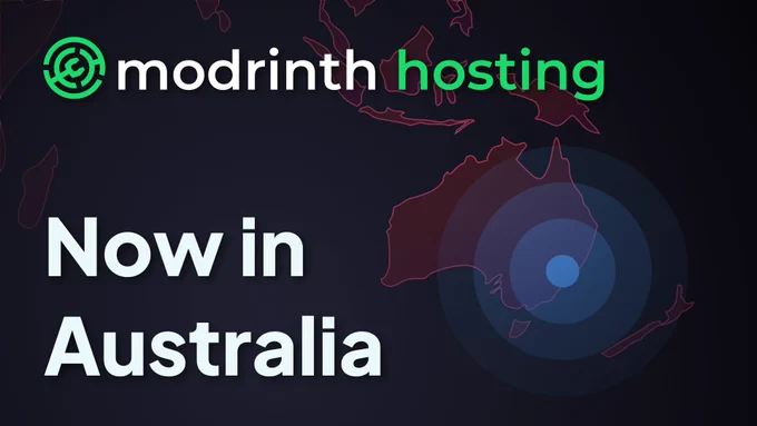 An image with a world map, with a circle radiating from Sydney, Australia. At the top is the Modrinth Hosting logo, and at the bottom it reads, "Now in Australia"