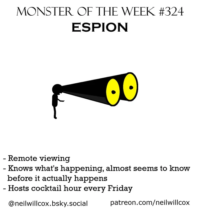 A small silhouette of a figure with enormous binocular style eyes coming out, unfeasibly big, bigger than the body, with huge yellow irises
