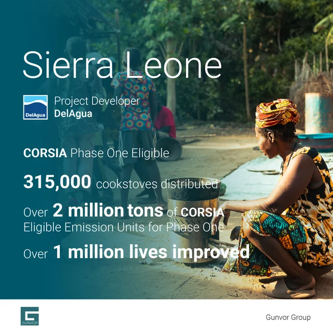 Image of a woman using a cook stove. The title says "Sierra Leone", with information below:

DelAgua logo and text "Project Developer DelAgua"
CORSIA Phone One Eligible
315,000 cookstoves distributed
Over 2 million tons  of CORSIA Eligible Emission Units for Phone One
Over 1 million lives improved.
Gunvor logo and name at bottom. 
