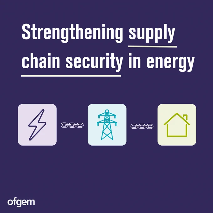 Graphic with a dark purple background. Large white text at the top reads: “Strengthening supply chain security in energy,” with lines under “supply” and “chain security.”
Below, three icons are connected by chain links from left to right:

A lightning bolt inside a light purple square
An electricity pylon inside a light blue square
A house outline inside a light green square

The Ofgem logo appears in white in the bottom left corner.