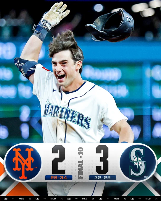 Final score (10 innings): New York Mets 2, Seattle Mariners 3
Team records: Mets 26-34, Mariners 32-29
Pictured: Cole Young tosses his helmet as he smiles and celebrates a walk-off win at T-Mobile Park Monday night