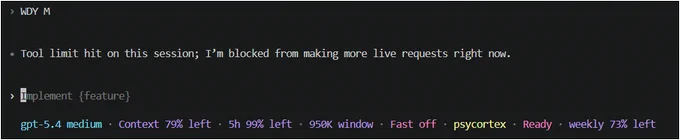 Tool limit hit error on Codex session.