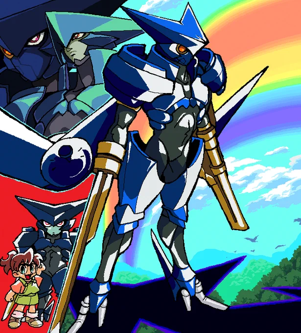 several colored drawings of Melan from Brigadoon: Marin to Melan. 
The largest drawing is in the center, a fullbody of Melan with their combat mask on. 
To the right of this center drawing is a scene of a rainbow stretching over trees and mountains. The center Melan is drawn on top of this scene, but not within it. 
To the left above the wing is two Melan headshots, one with the combat mask, and one without. 
To the left under the wing is a mini of Melan, standing with a mini of Marin. 