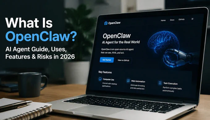 Laptop displaying OpenClaw AI agent guide with key features including computer use, web automation, and task execution in 2026.