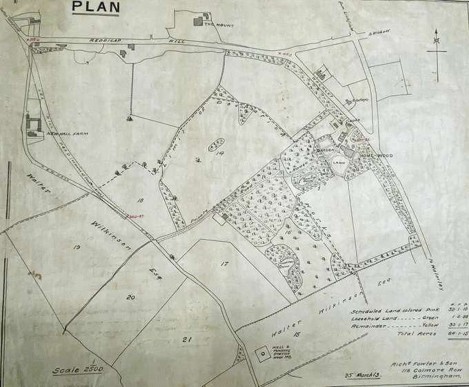 A map. Title in the top left reads – plan. A series of pathways winding around the map skirting plots of land. A compass in the top right of the plan. A key in the bottom right of the plan along with surveyor details and the date of 25 March 1913. 