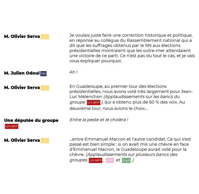 M. Olivier Serva (LIOT) :
Je voulais juste faire une correction historique et politique, en réponse au collègue du Rassemblement national qui a dit que les suffrages obtenus par le RN aux élections présidentielles montraient que les outre-mer attendaient une victoire de ce parti. Ce n'est pas du tout le cas, et je vais vous expliquer pourquoi.
M. Julien Odoul (RN) :
Ah !
M. Olivier Serva (LIOT) :
En Guadeloupe, au premier tour des élections présidentielles, nous avons voté très largement pour Jean-Luc Mélenchon (Applaudissements sur les bancs du groupe LFI-NFP), qui a obtenu plus de 60 % des voix. Au deuxième tour, nous avions le choix…
Une députée du groupe LFI-NFP :
Entre la peste et le choléra !
M. Olivier Serva (LIOT) :
…entre Emmanuel Macron et l'autre candidat. Ce qui s'est passé est bien simple : si on avait mis une chèvre en face d'Emmanuel Macron, la Guadeloupe aurait voté pour la chèvre. (Applaudissements sur plusieurs bancs des groupes LFI-NFP, SOC et EcoS.)
