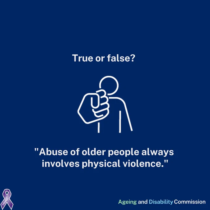 A true/false statement says abuse always involves physical violence, followed by “FALSE”. Dark blue slides explain that abuse can be controlling or coercive behaviour and list types including physical, psychological, sexual, financial abuse, neglect and coercive control.  
