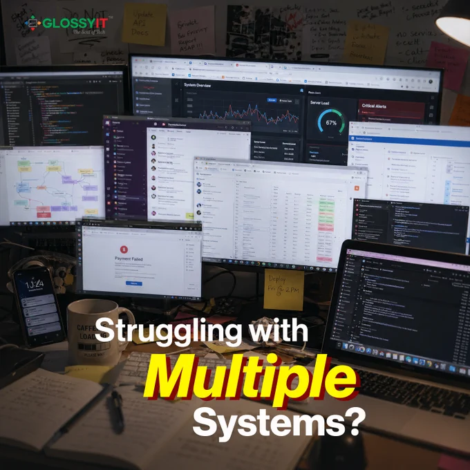 Messy workspace with multiple screens, tabs, dashboards overlapping. Confusion feel. Slight blur and clutter effect. Tech chaos concept.