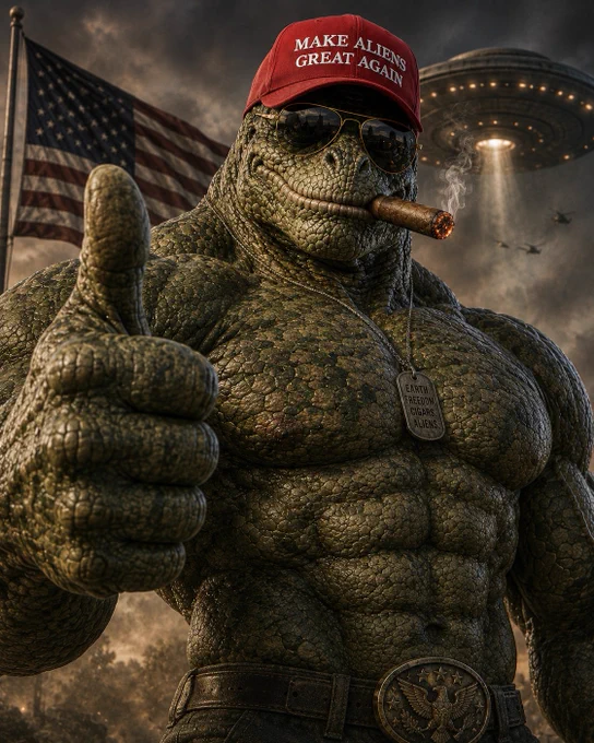 Hyper-realistic muscular reptilian humanoid giving a thumbs-up while wearing a red "Make Aliens Great Again" hat and aviator sunglasses. A large cigar smolders from his mouth as an American flag waves behind him. A glowing UFO hovers overhead shining a beam of light through storm clouds. The image blends UFO disclosure themes, alien conspiracy folklore, political parody, patriotism, science fiction, and internet meme culture into a dramatic cinematic scene by Kevin Wikse. 
