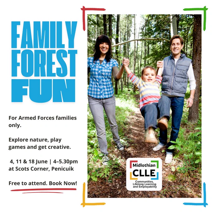 Three family members holding hands and swinging a child between them on a forest trail surrounded by tall trees and greenery.