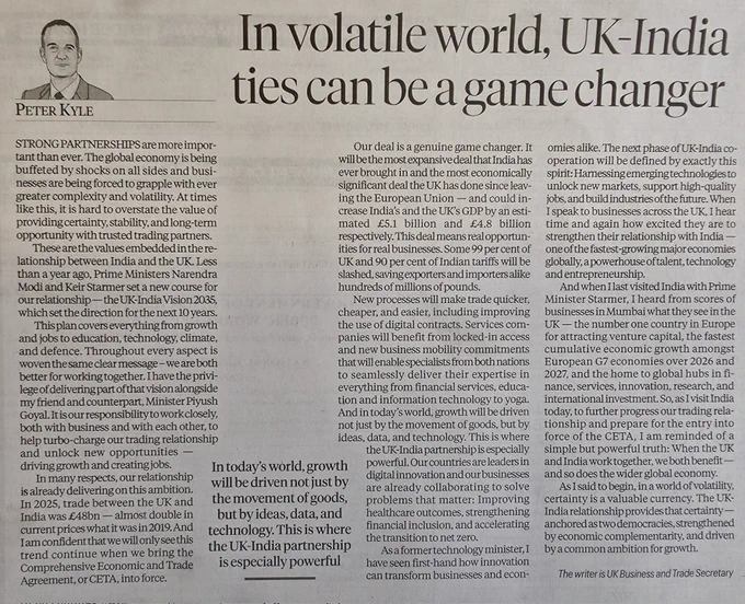 UK Trade Secretary article in Indian Express