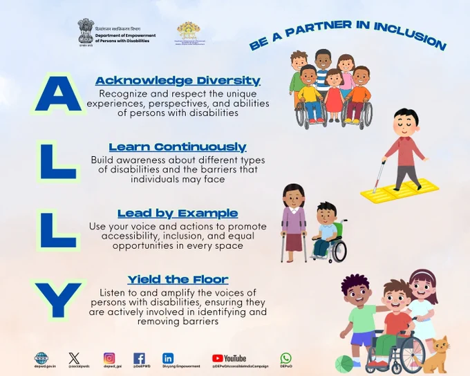This info-graphic by the DEPwD promotes the message “Be a Partner in Inclusion” through the acronym “ALLY.” The poster explains four key principles of inclusion: “Acknowledge Diversity,” encouraging respect for the experiences and abilities of persons with disabilities; “Learn Continuously,” highlighting awareness about different disabilities and barriers; “Lead by Example,” promoting accessibility and equal opportunities through positive actions; and “Yield the Floor,” emphasizing the importance of listening to and amplifying the voices of persons with disabilities. The info-graphic includes colorful illustrations of children and adults with disabilities, including wheelchair users, persons using crutches, and a visually impaired individual using a white cane. DEPwD logo is displayed at the top, along with social media and website icons at the bottom.