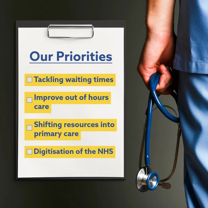 Clipboard listing NHS priorities including tackling waiting times and digitisation, held next to a healthcare worker in blue scrubs with a stethoscope.