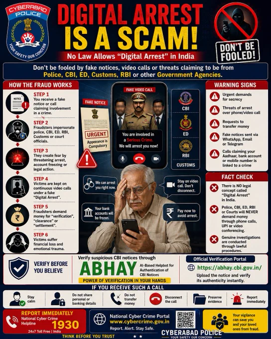 🚨 DIGITAL ARREST IS A SCAM! 🚨

Cyber criminals are impersonating police, CBI, ED, RBI, Customs, and other government agencies to create fear and extort money through fake notices, video calls, and threats of arrest.

❌ There is NO legal concept of "Digital Arrest" in India.

🛡️ Verify suspicious CBI notices instantly through ABHAY — the AI-powered notice verification system launched by CBI.

✅ Visit: https://abhay.cbi.gov.in/
✅ Upload the notice
✅ Verify its authenticity in real time

Never share personal or banking details, never transfer money under pressure, and report suspicious calls immediately.

📞 Cyber Crime Helpline: 1930
🌐 cybercrime.gov.in

Think Before You Trust. Verify Before You Believe. Stay Alert. Stay Safe.

#CyberabadPolice #ABHAY #DigitalArrestScam #CyberSafety #CyberCrime #CBI #CyberAwareness #OnlineFraud #FakeNotice #VerifyBeforeYouBelieve #1930Helpline #CyberSecurity #StayAlert #StaySafe #StopCyberFraud #ThinkBeforeYouTrust #DigitalSafety #CyberCrimeAwareness