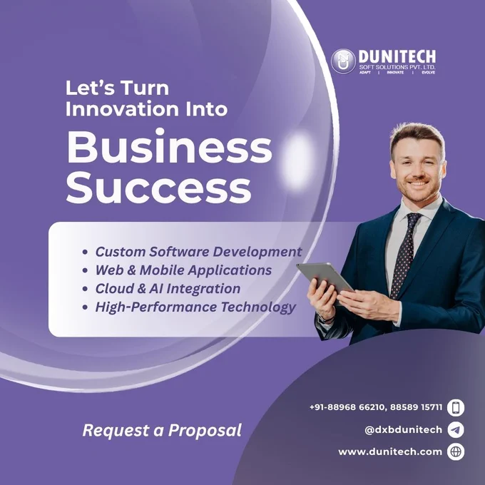 A purple-themed Dunitech promotional graphic featuring a business professional holding a tablet. The design highlights custom software development, web and mobile applications, cloud and AI integration, and high-performance technology services with contact details and a call to request a proposal.